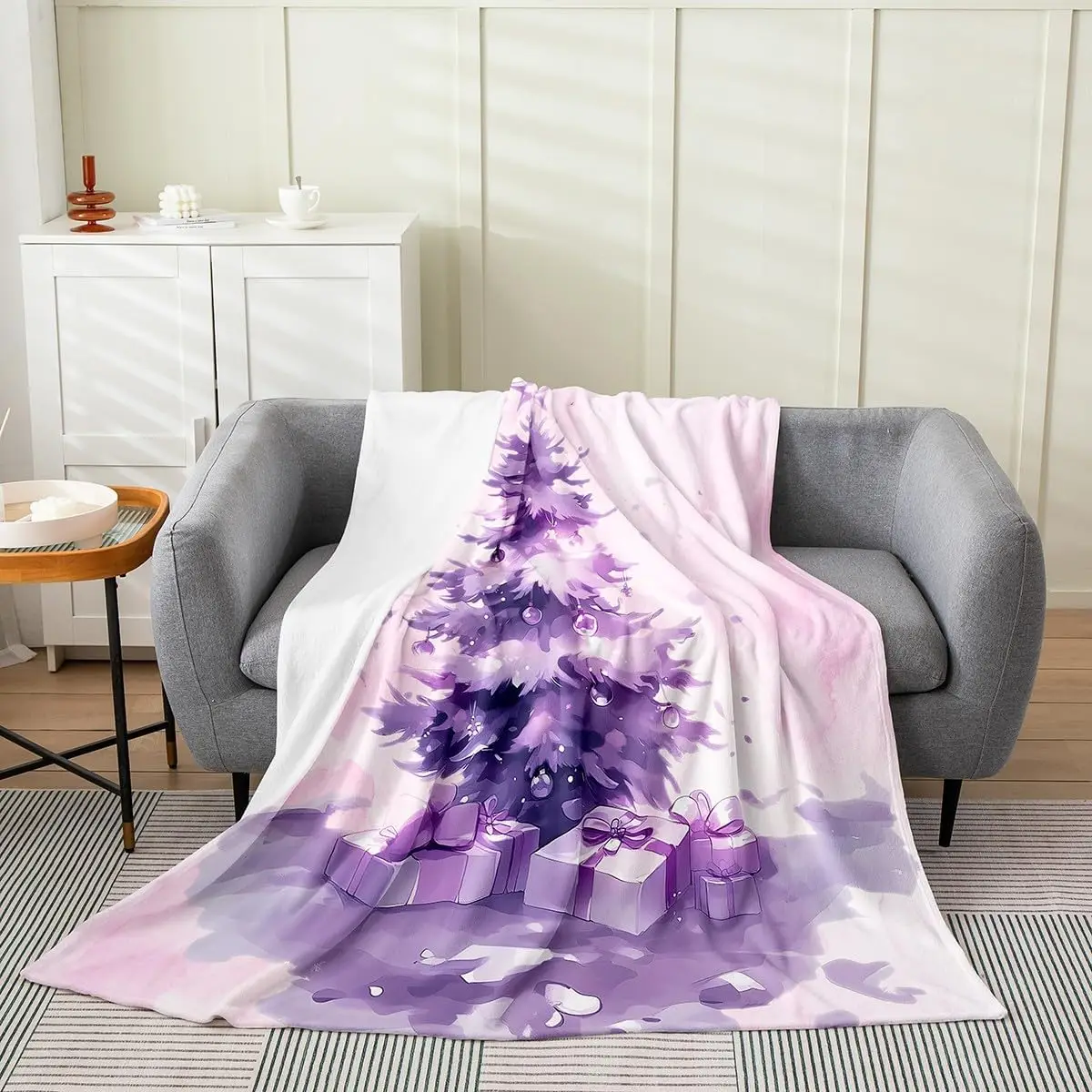 Purple Christmas Tree Fleece Blanket Winter Flannel Blanket Pink Kawaii Xmas Fuzzy Plush Throw for Kids Boys Girls,Happy New