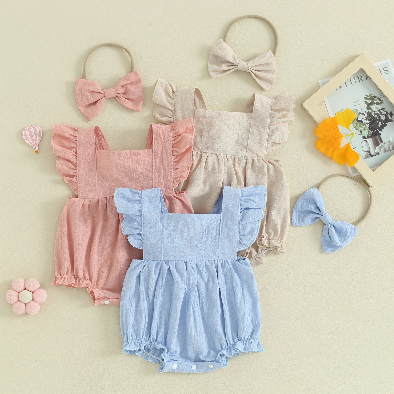 

Baby Girl 2 Piece Set Square Neck Fly Sleeve Frill Trim Solid Color Romper + 3D Bow Headband Infant Toddler Outfits