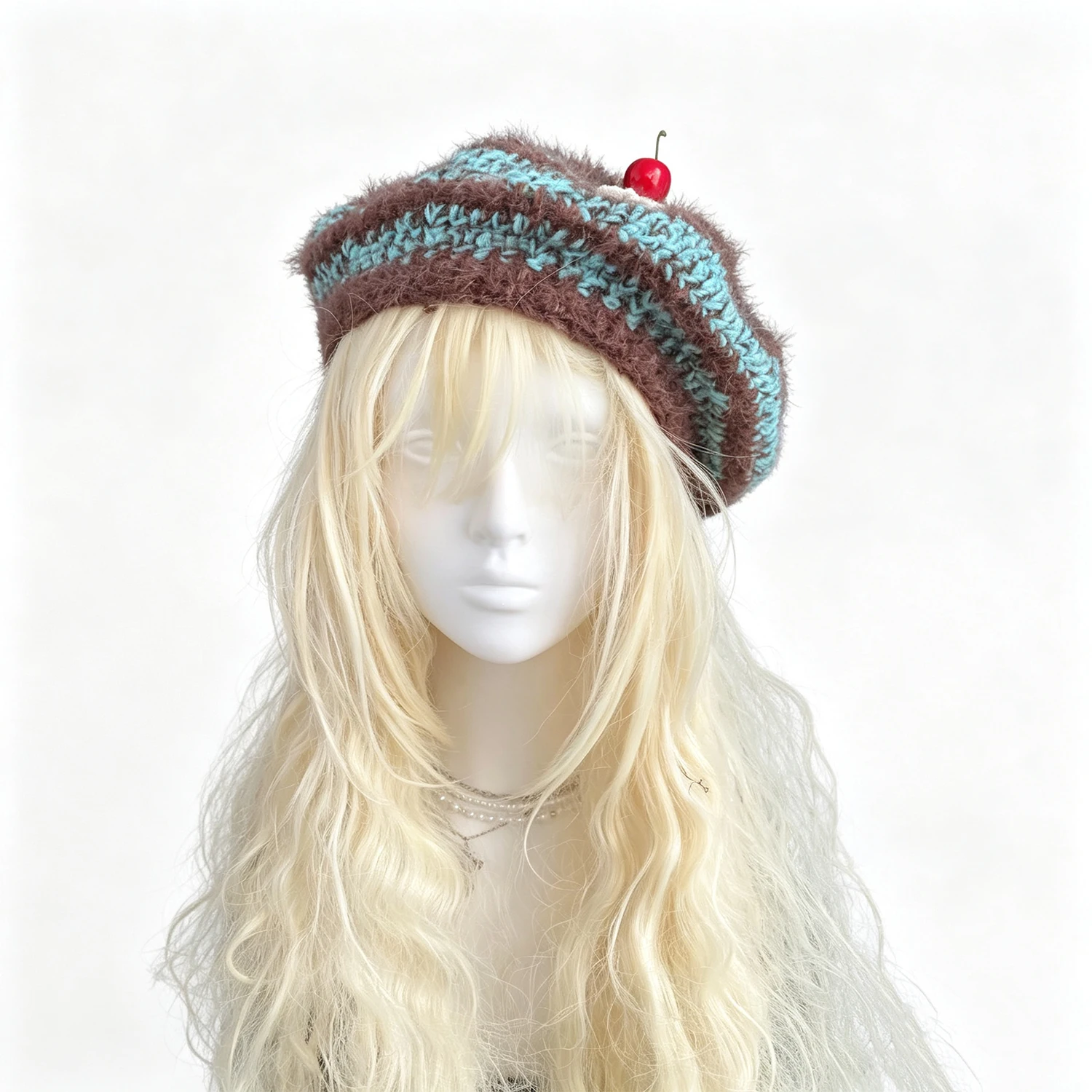 Custom Mint‑Chocolate Handmade Crochet Beret Hat Women Striped Cherry Charm Knitted Beanie Sweet Kawaii Lolita Skullies Female