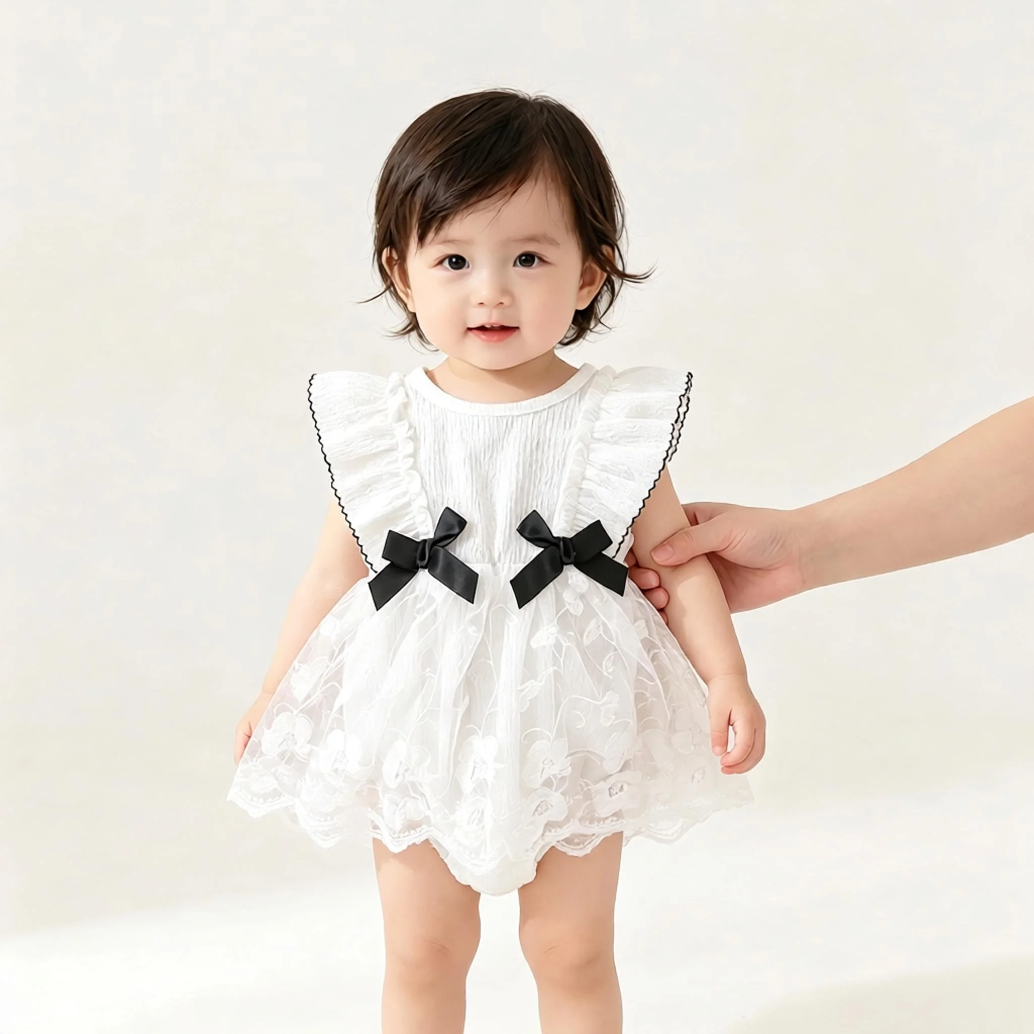 Baby Girl Summer Jumpsuit Sweet Cute 3D Butterfly Knot Lace round Neck Triangle Splicing Decorative Comfortable Cotton Outfit