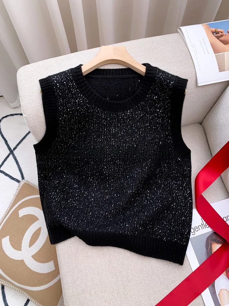 

Шикарный вязаный жилет с блестками, женский свободный крой, круглый топ Ne, осень-зима, Новое поступление, многослойная майка