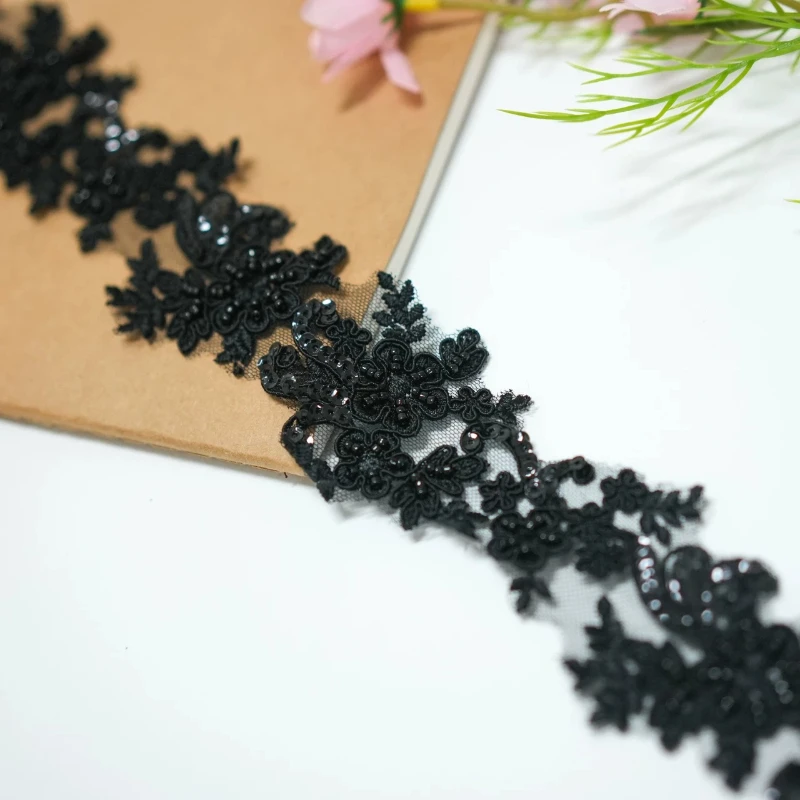 1 Yard/Lot Schwarzes Perlen-Spitzenband, Perlenbesetzter Spitzenstoff, Fransen-Spitzenborte, Bestickte Kragenverzierung, DIY-Kleidungszubehör – Detail 4