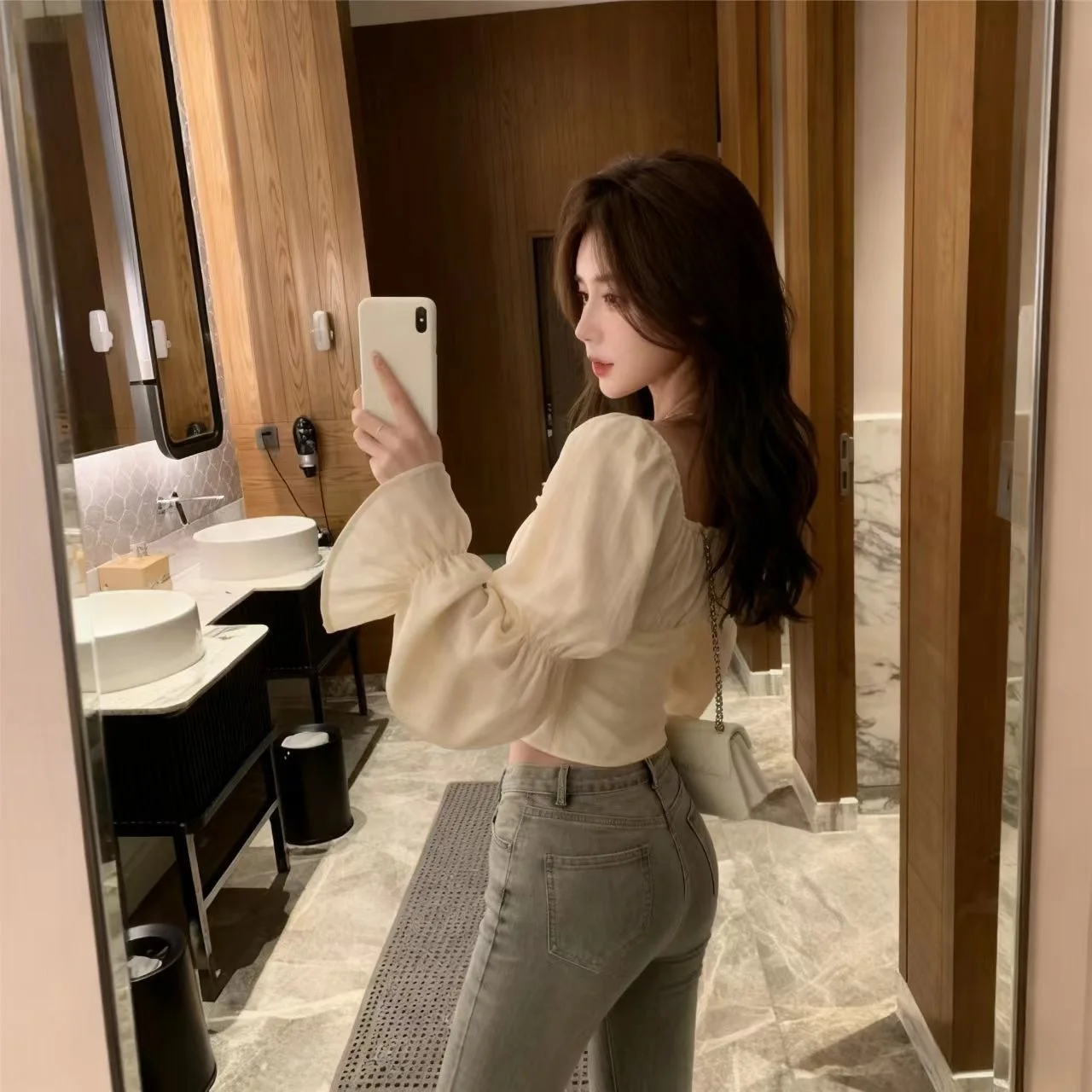 Princess Style Short Length Long Sleeve Thin Floral Sexy Square Collar Bubble Design Top for Women Fashionable Casual T-Shirt