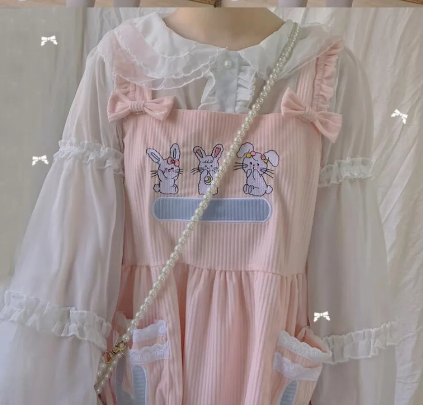 Japanese Vintage Teens Girl Corduroy Dress Mori Girl Lolita Kawaii Bunny Pink Overalls Harajuku Cute Rabbit Bow-knot Strap Dress