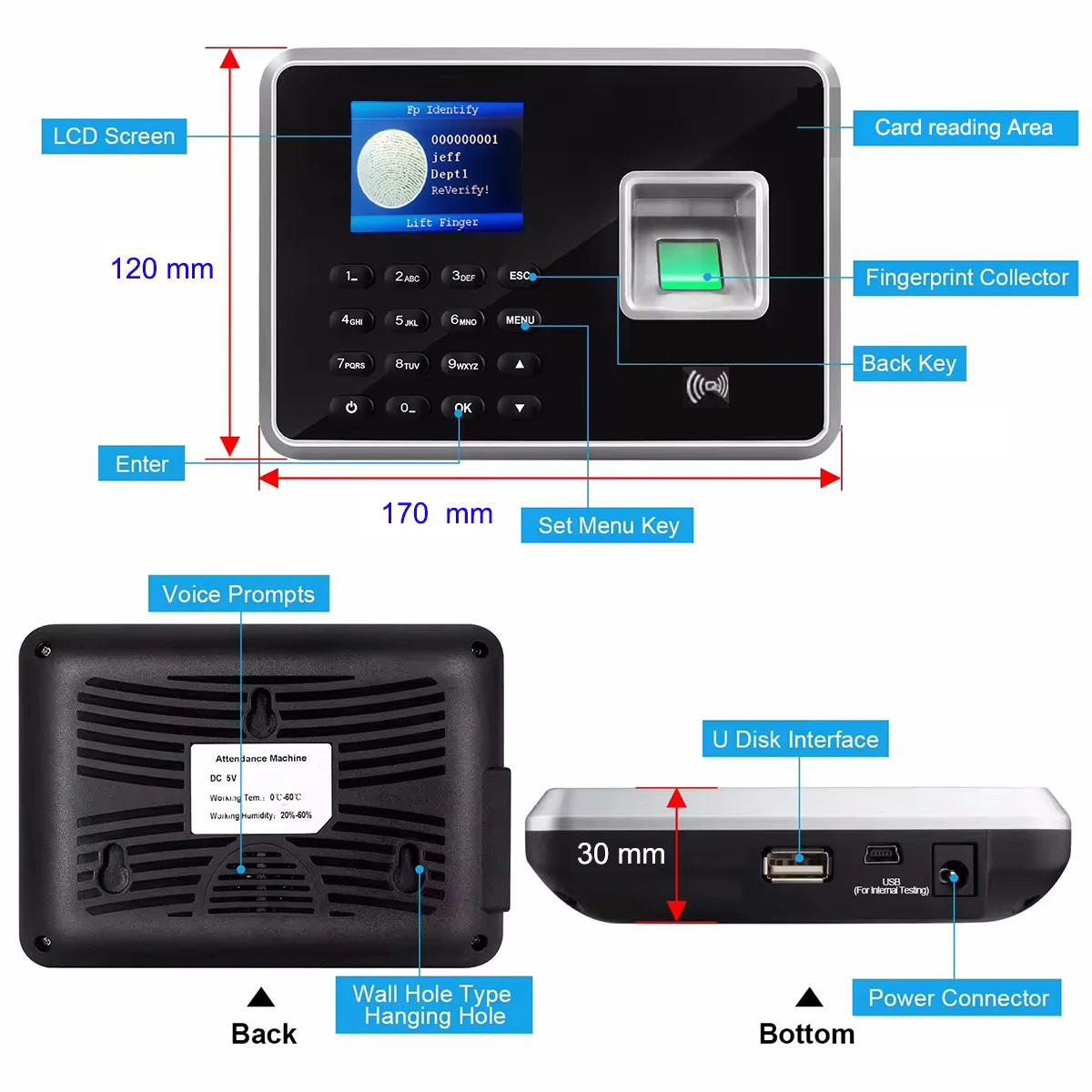 Batería de respaldo SSR, máquina de reloj de tiempo de asistencia con huella dactilar, tarjeta y dispositivo de seguimiento de reloj eléctrico