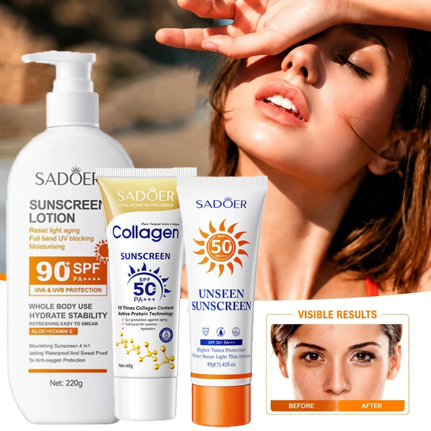 Protector Solar Facial y Corporal SADOER SPF 90+ 50+, Bloqueador Solar, Control de Grasa, Crema Solar Hidratante