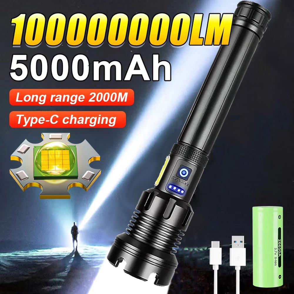 High Power LED Flashlight Type-C USB Rechargeable Long Range Tactical Torch Strong Light Lamp Outdoor Most Powerful Flash Light