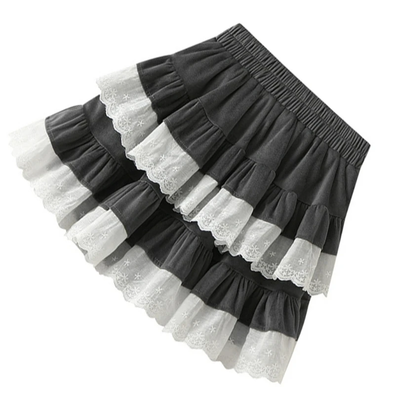 F42F Elegant Double Layered Lace Trim A Line Skirt for Dates and Campus Event Women Elastic Waist Velvets Mini Skirt