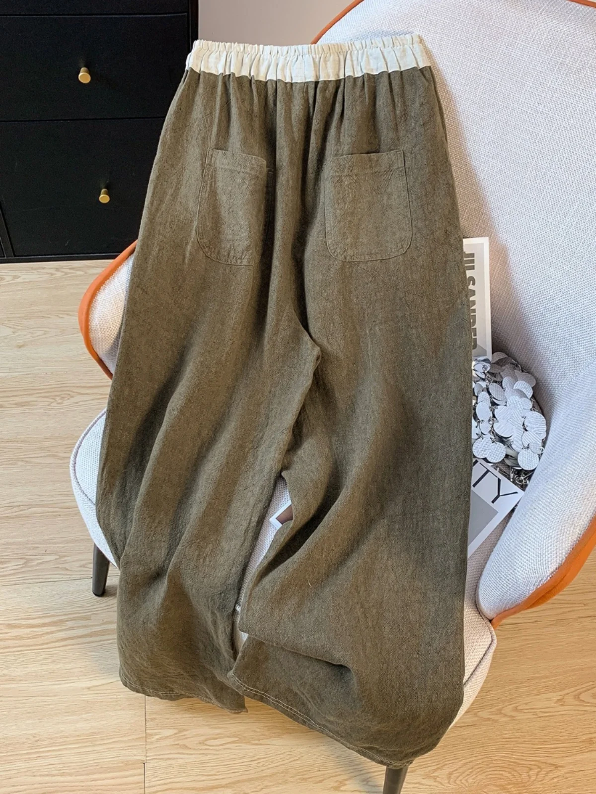 Calças de linho de algodão perna larga feminina cintura alta solta com cinto artístico vintage sle casual calças compridas outono faion