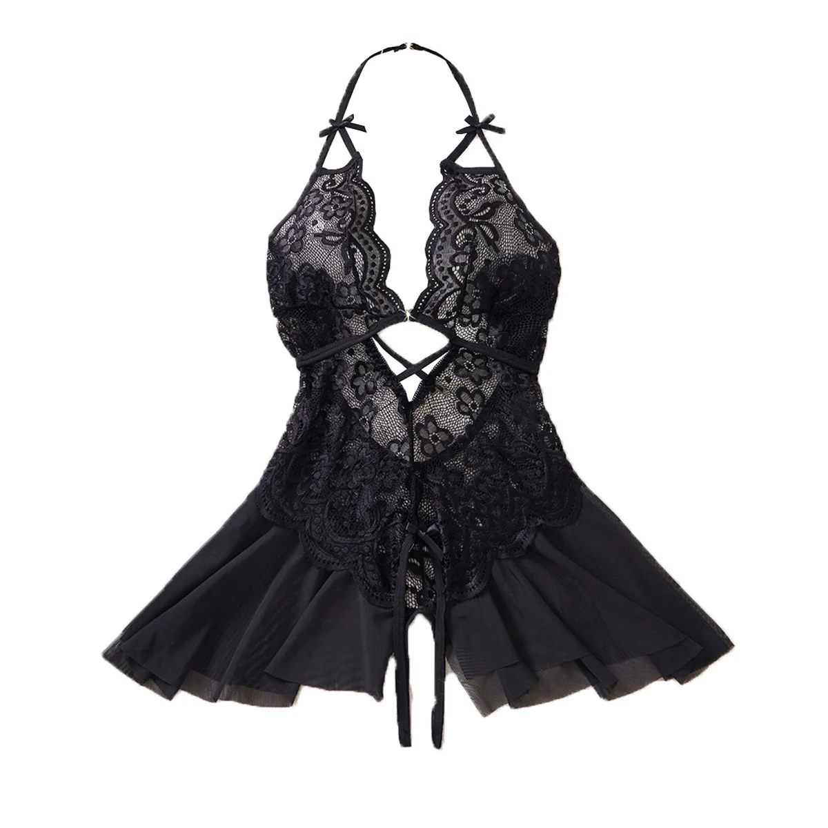 Women Halter Neck Lace Mesh One Piece Sleepwear With Tie Detail And Waist Cutout Loungewear