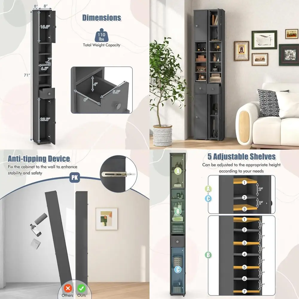 

Slim Bathroom Storage Cabinet - 71” Tall Narrow Floor Cabinet Cupboard with 2 Doors, 5 Adjustable Shelves, 1 Drawer, Anti-Tippin