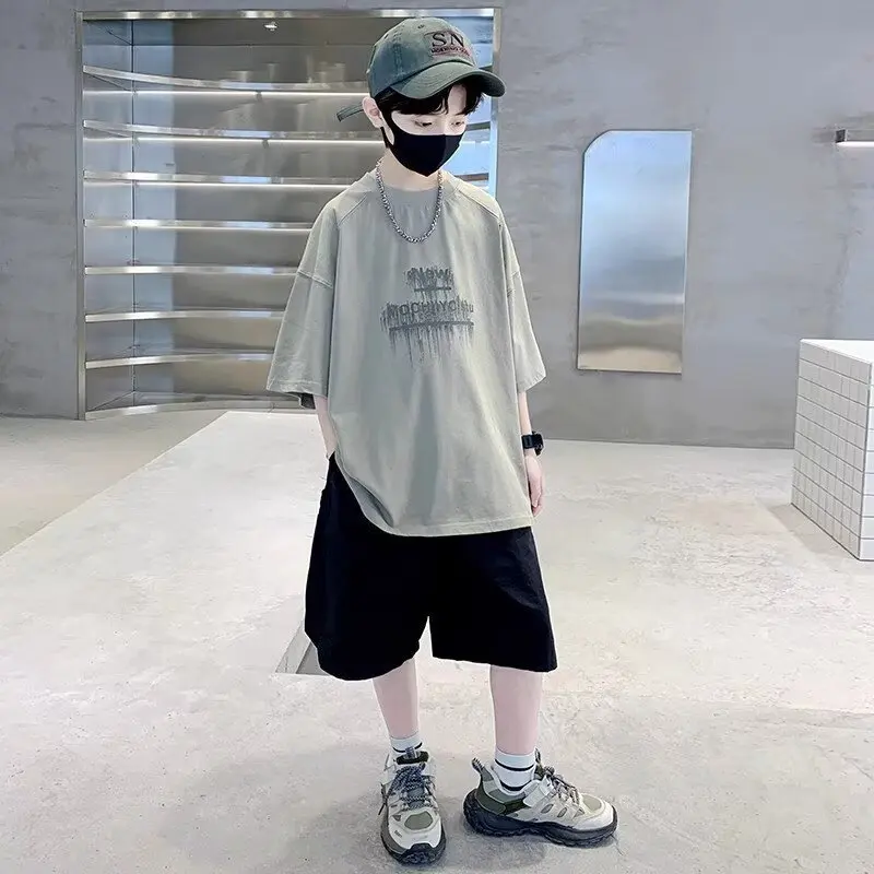 2026 summer boys set Clothes suit teenager letters loose t-shirt + cargo thin shorts pant 4 6 8 10 11 12 year tracksuit Casual