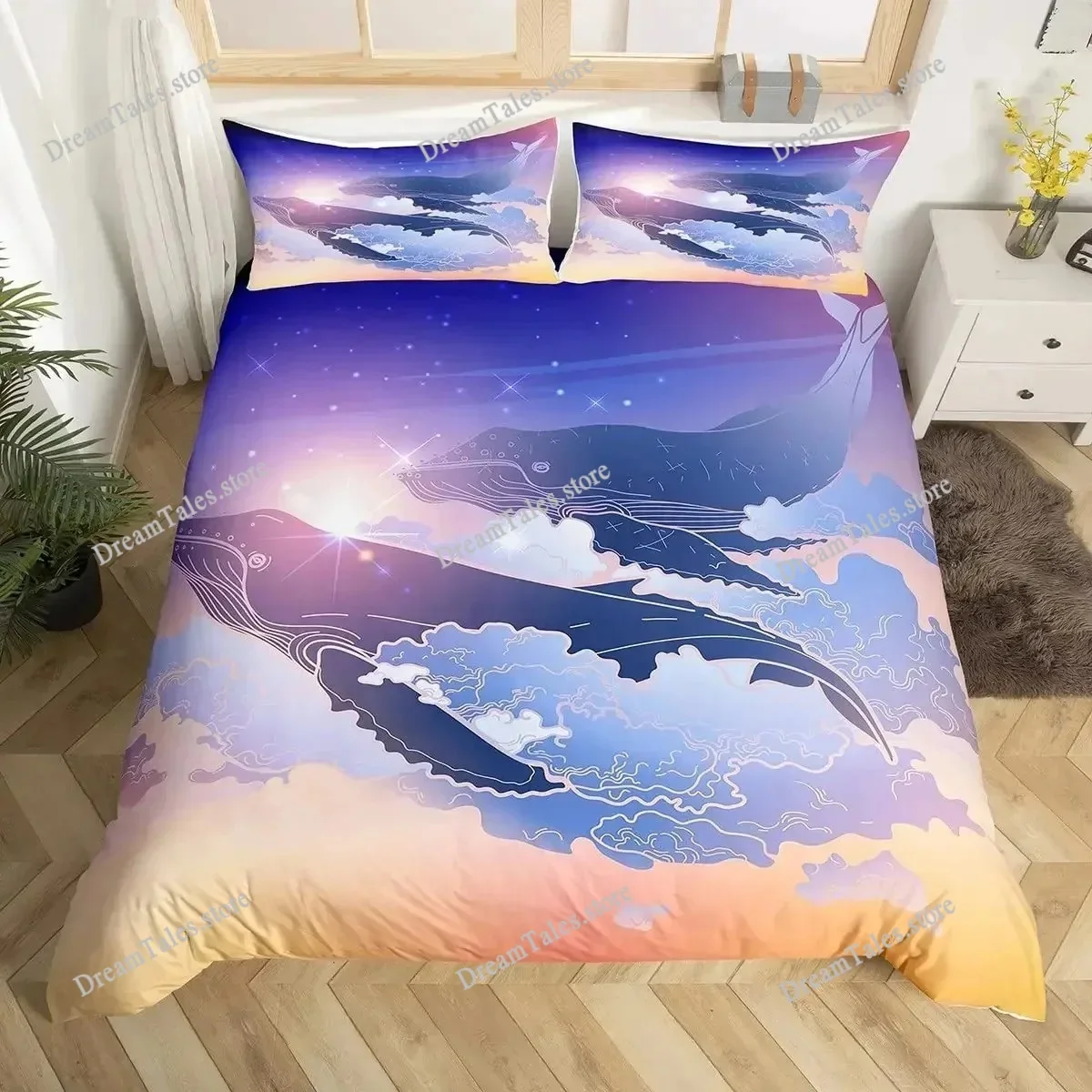 Whale Koi Duvet Cover Set Full Queen Size,Sunset Great Sea Wave Bedding Set,Animal Ocean Landscape Japanese Art Comforter Cover