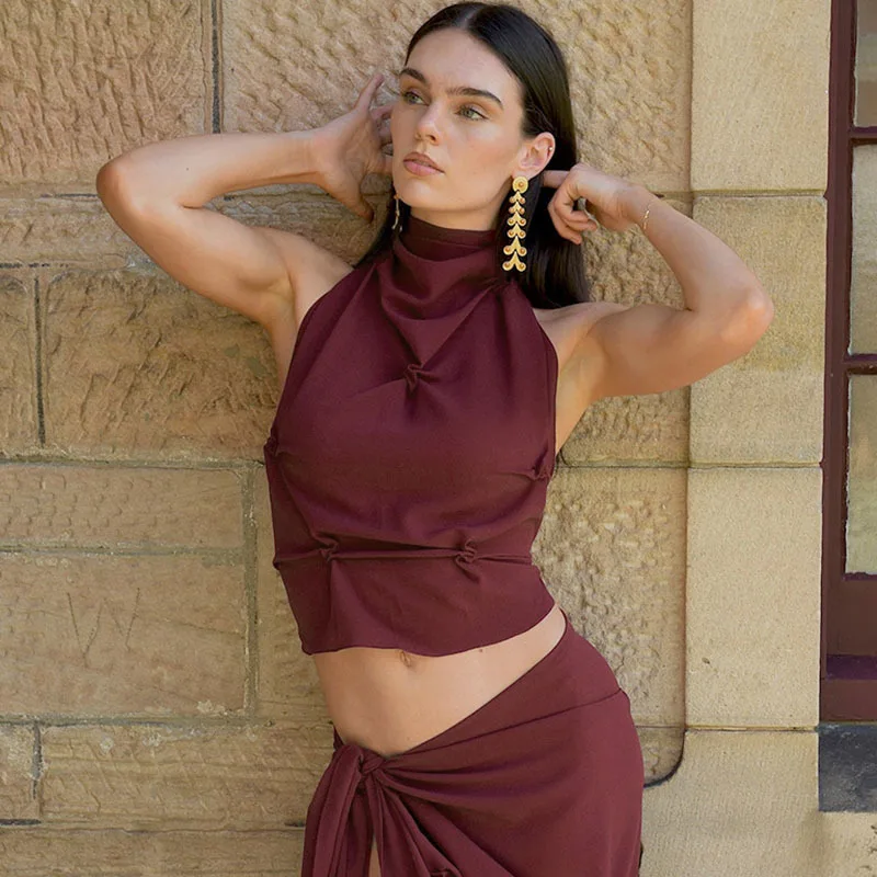 Apprabant Solid Color Hanging Neck Tank Tops Bow Tied Sexy Spicy Girls Hollow Out Backless Sleeveless Pleated Open Navel T-shirt