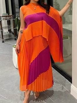 ANLAN Zomer Mode Geplooide Tweedelige Set Voor Vrouwen 2024 Nieuwe Onregelmatige Sjaal Top + Lange Elastische Taille Swing A-lijn Rok 5A2073