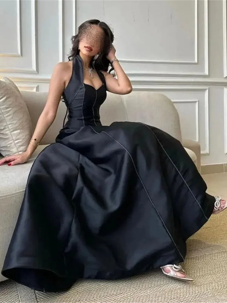 Black ball dress A-line strapless beaded half sleeved satin floor mop elegant evening gown off the shoulder