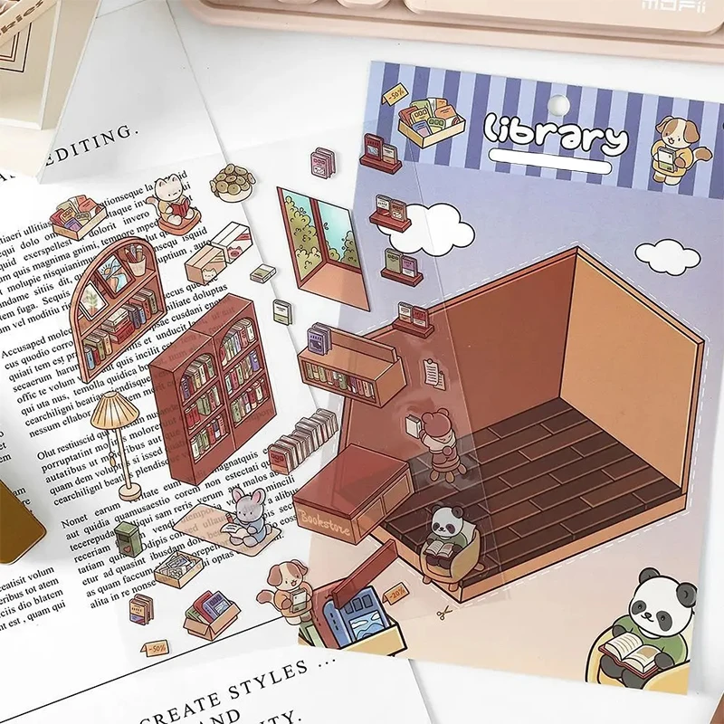 Tridimensional cabine cena adesivo, empilhamento e colar, bonito, DIY, conta de mão