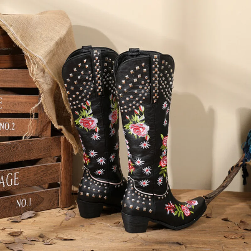 Women's Ethnic Embroidery Flower Western Cowboy Cowgirl Boots Kneehighs Boots Cowgirl High Heels Pointed Toe Vintage Style