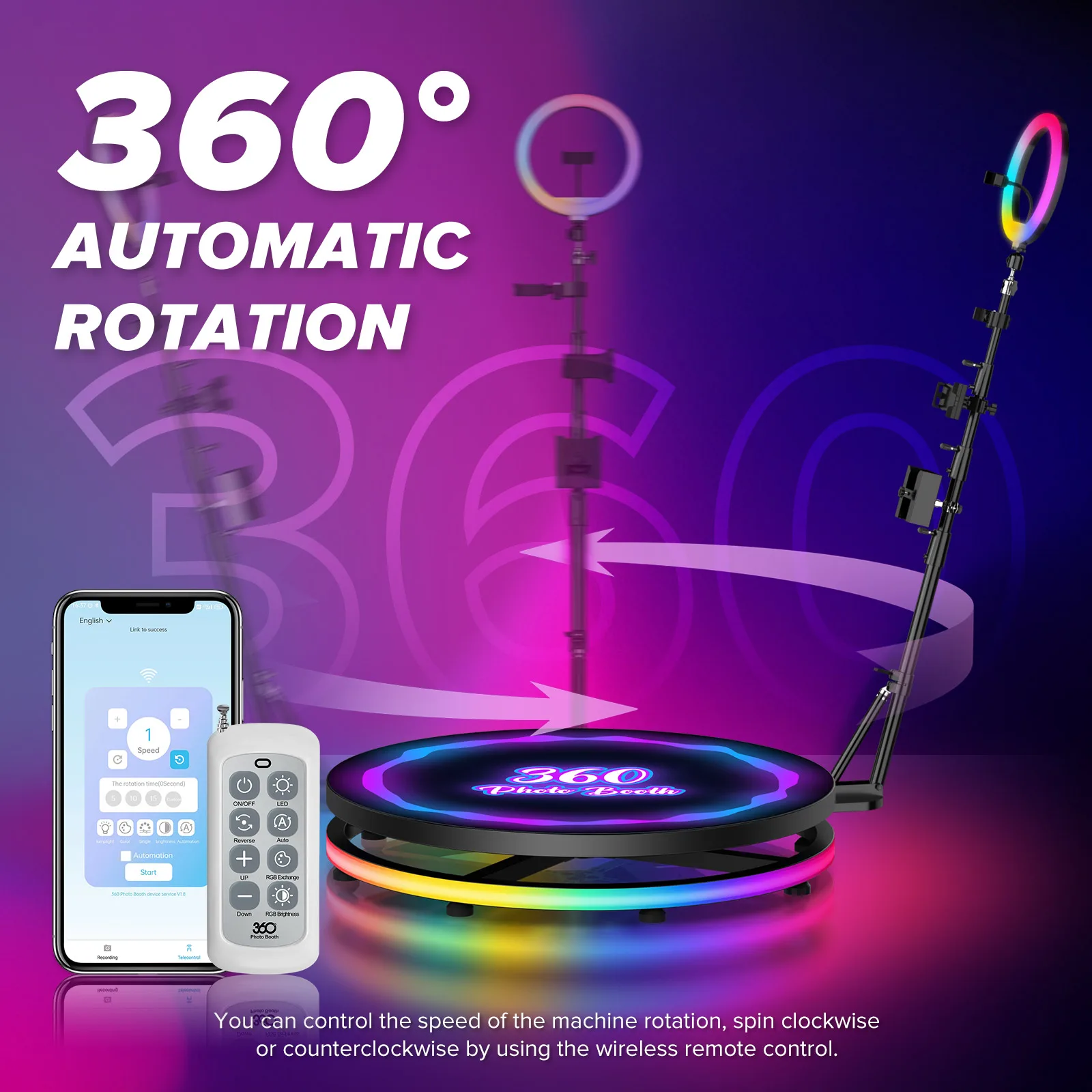كابينة تصوير 360 درجة مع علبة طيران RGB Light 360 كشك تصوير لحفلات الزفاف APP التحكم عن بعد كشك دوار تلقائي