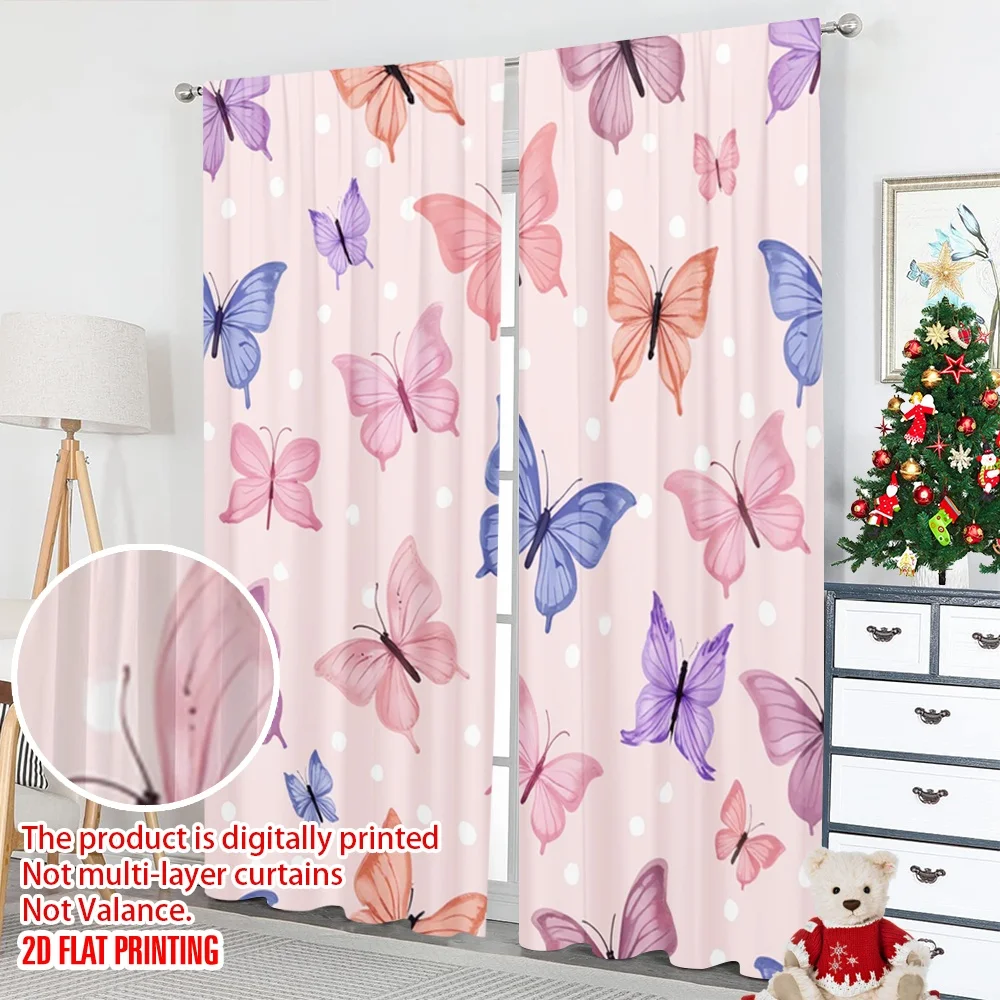 2 قطعة 2D الطباعة المسطحة المشهد الستائر الوردي المائية الفراشات الرقمية المطبوعة البوليستر الستائر احتفالي جدار ديكور للعيش