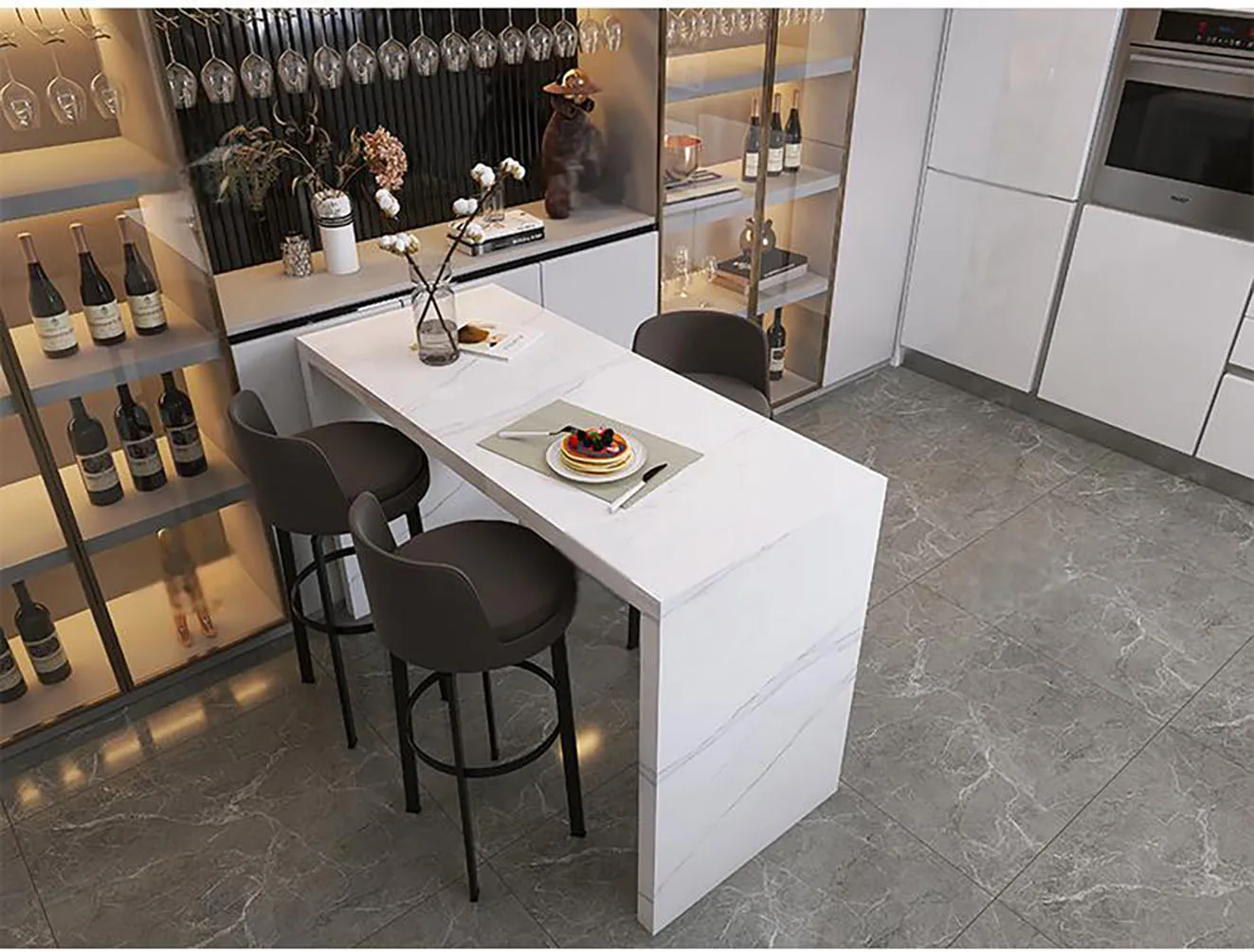 بار الإفطار من حجر الكوارتز، جزيرة المطبخ مع طاولة طعام وخزانة، مقاومة للبقع وصلابة عالية، تصميم عصري مخصص