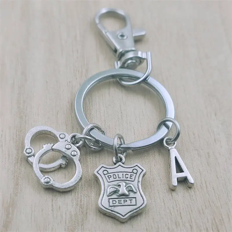 Handcuffs Police Dept Keyring Letter Car Key Chain Ring Lobster Clasp Initial Charm Women Jewelry Accessories Pendants Metal