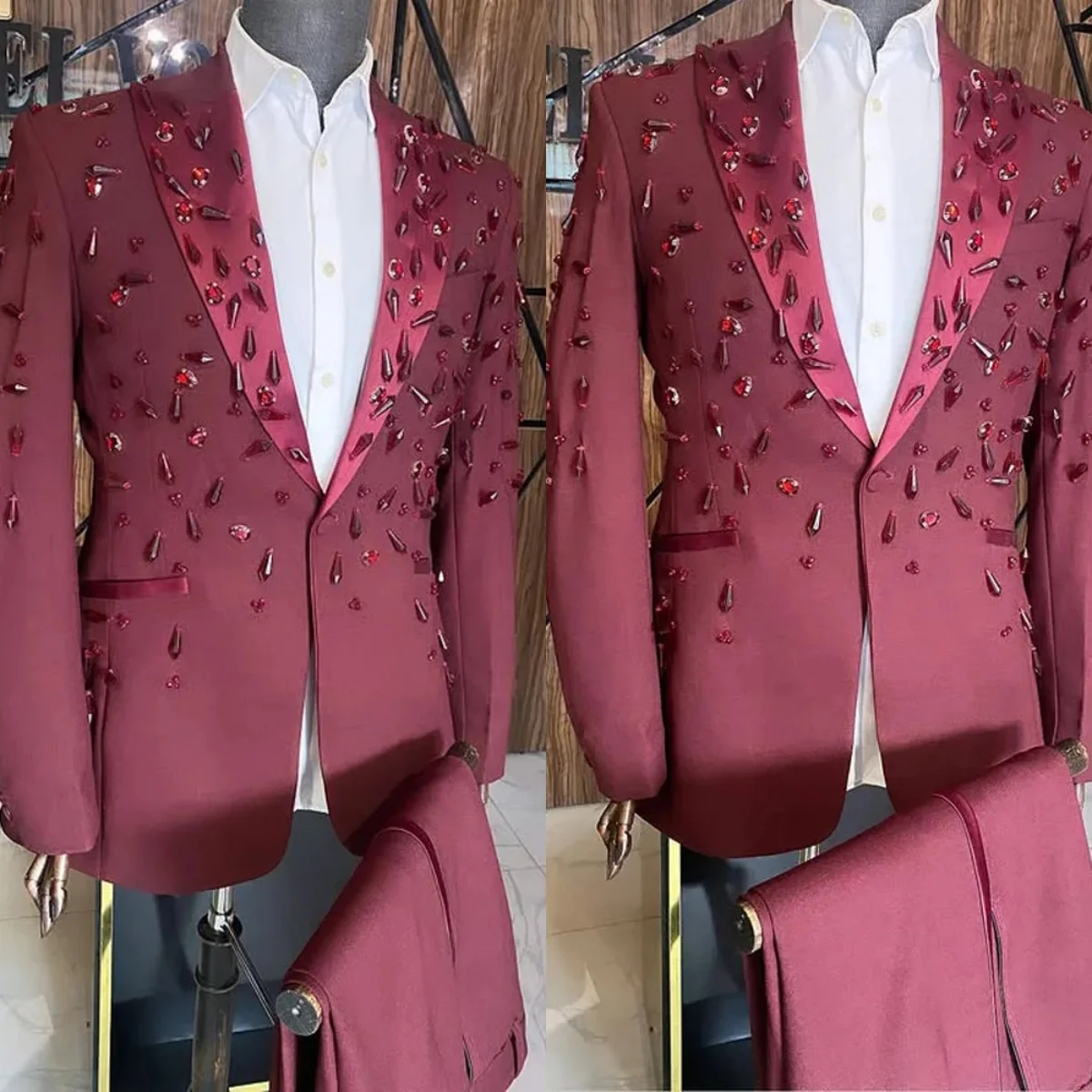 

Gorgeous Crystal Wedding Tuxedos Shawl Lapel 2 Pcs Jacket Pants Men Suit Handsome Evening Party Grooms Suits Customized