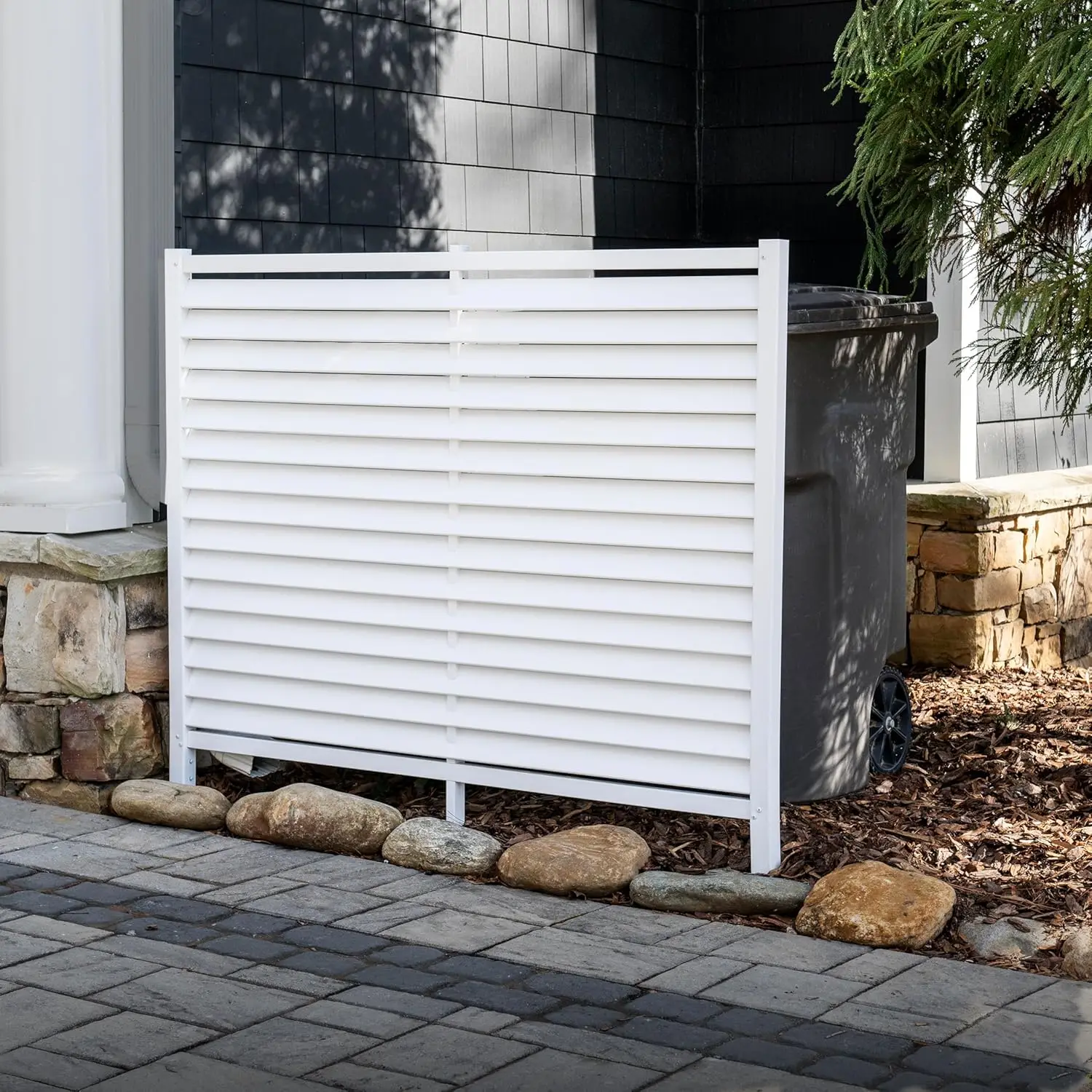 

White Vinyl Privacy Screen, 4ft H x 5ft W, No Dig Installation for Trash Cans and AC Units