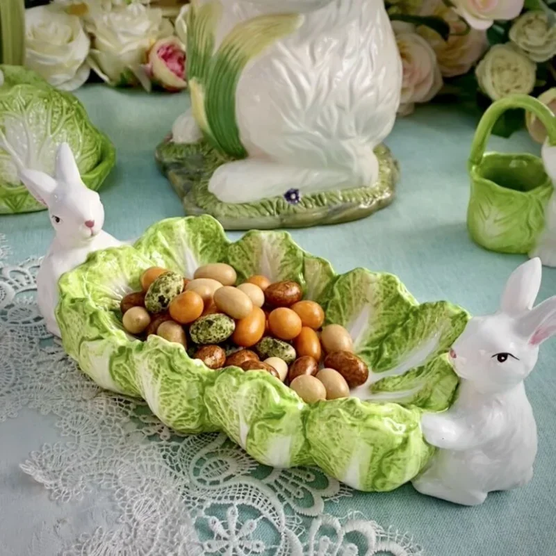 European Ceramic Chinese Cabbage rabbit fruit plate Dried fruit snack plate butter cream box fruit fork jar table decoration