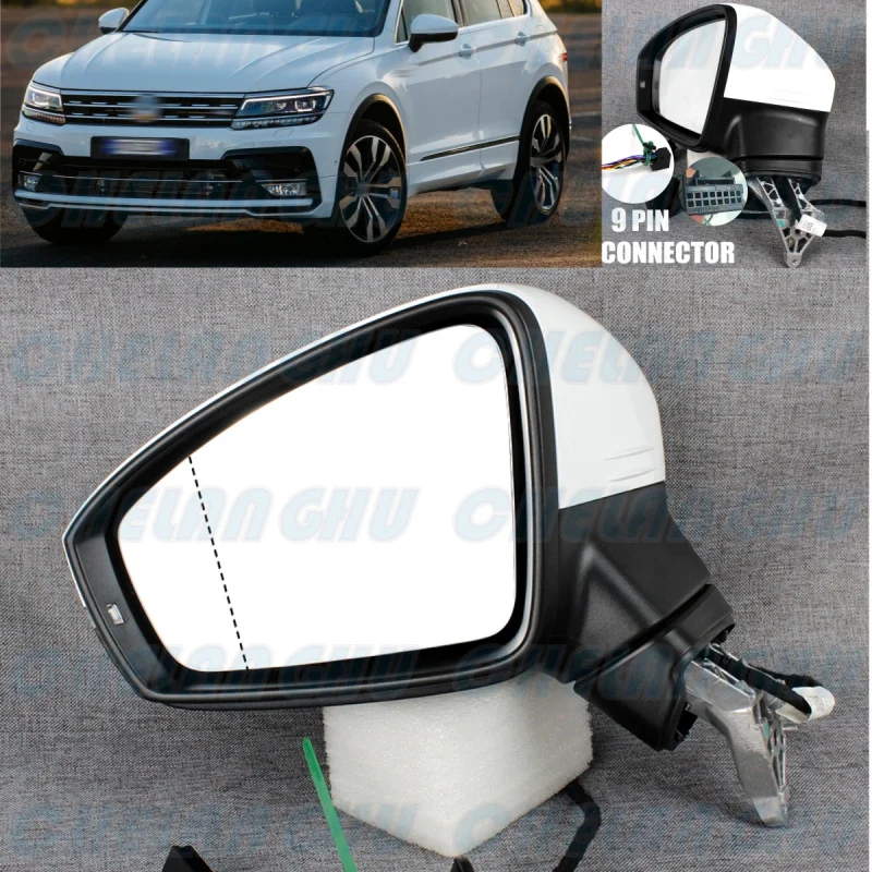 For VW Tiguan 2017 2018 2019 2020 2021 2022 2023 LHD Left Side 9 Pins white painted Electric Fold Puddle Lamp Mirror Assembly