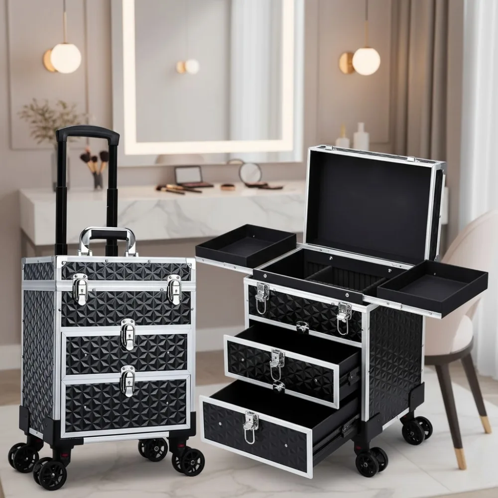 

Professional Rolling Makeup Case with 360° Wheels, Sliding Drawers for Artists and Stylists, Black