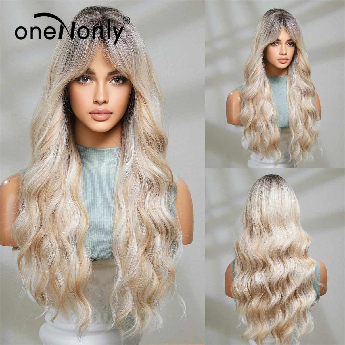 OneNonly Ombre Blonde Synthetic Wigs for Women Long Wavy Wigs with Bangs Daily Cosplay Party Use Heat Resistant Fiber