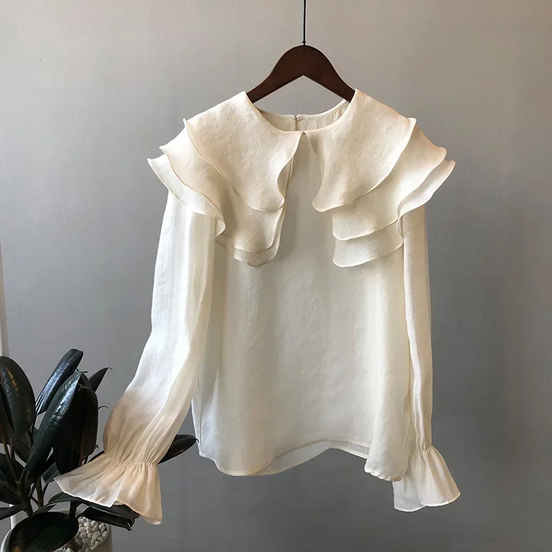 Women Clothing Shirt Spring AUTUMN Ruffled Turn-down Collar Casual Simple Solid  New Fashion Blouse for Women