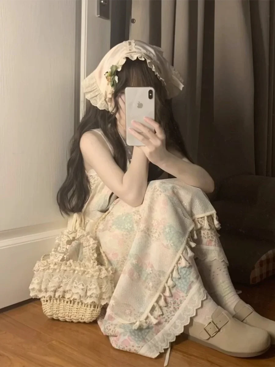 2024 Summer Floral Print Vaion Sle Off-oulder Dr with Headscarf Lace Overlay Skirt Tee-Piece Set Women's H-Line M...