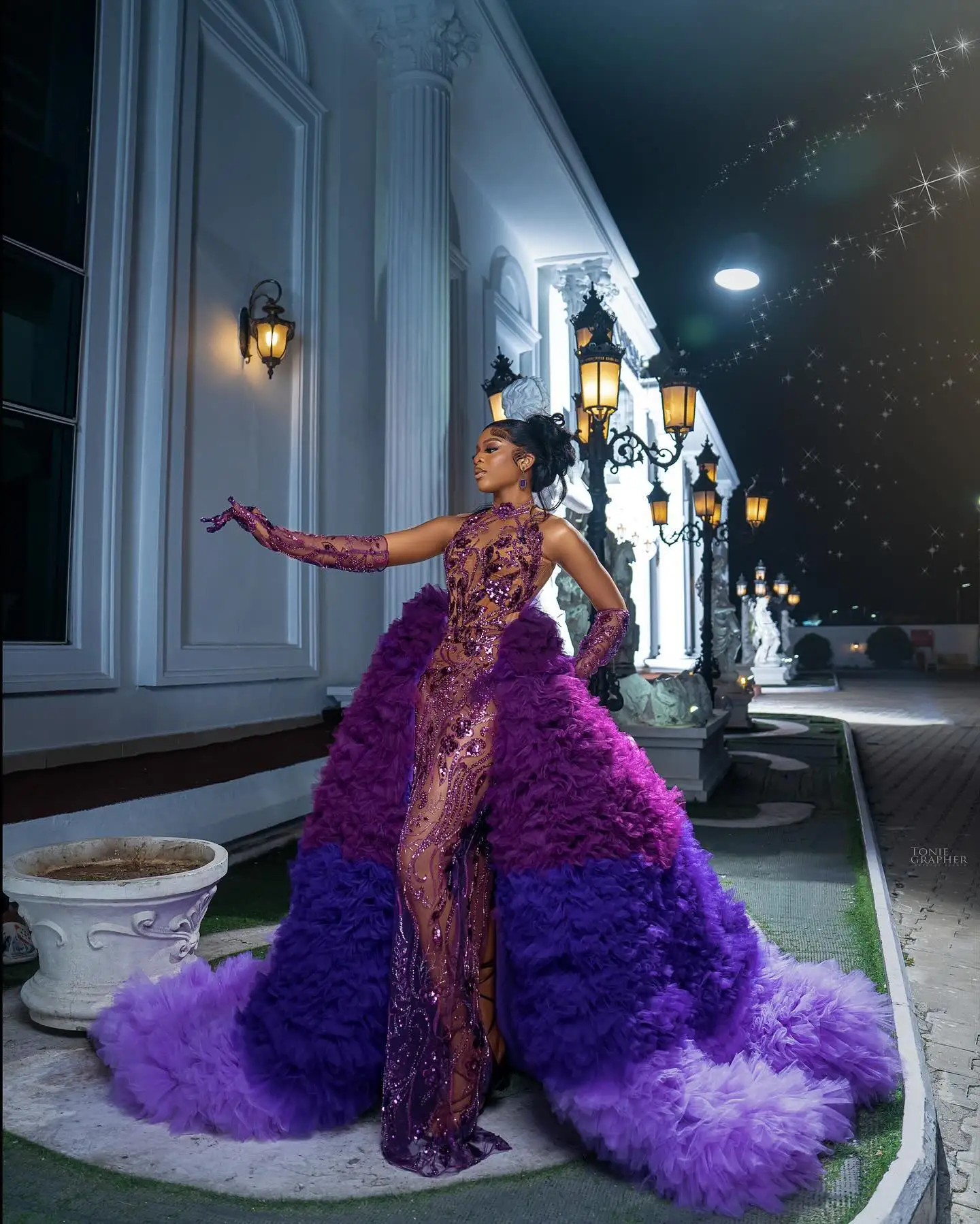 Fabulous Purple Floral Lace Long African Gowns With Detachable Train Luxury See Thru Multi Colored Aso Ebi Formal Party Dresses