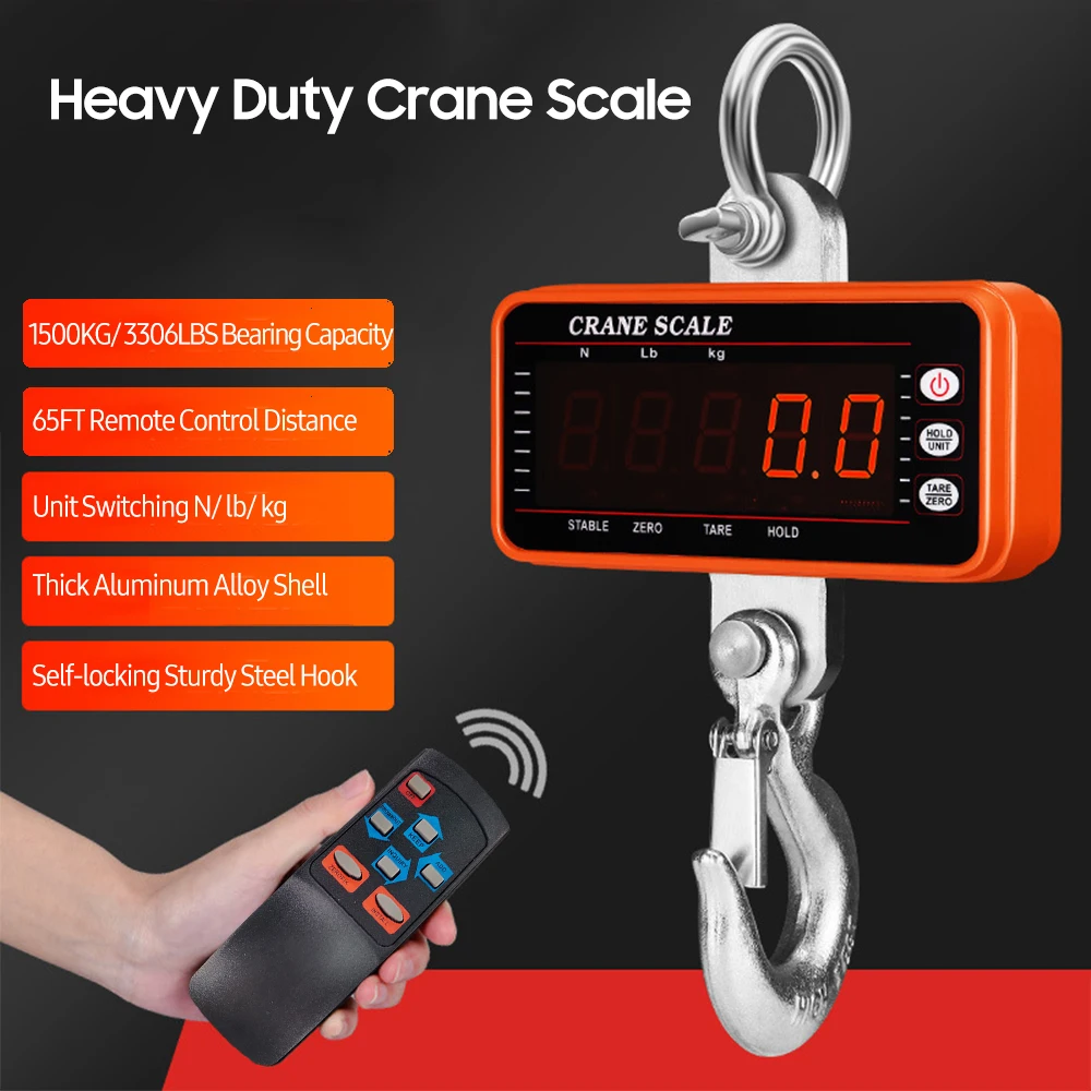 1500kg/ 3306lbs Digital Hanging Scale with 65ft Remote Control Heavy Duty Crane Scale Industrial Hook Scales