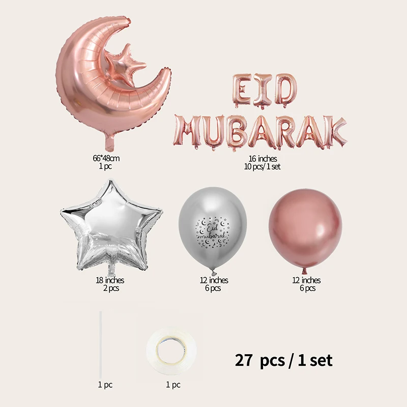 27 pz Eid Mubarak palloncini decorazione 2024 musulmano Hajj Decor Ramadan Kareem Festival Banner Star Moon Foil Balloon