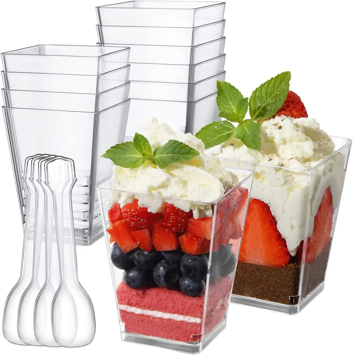Exquisitos Vasitos de Postre Cuadrados con Cucharas, Vasitos de Postre con Cucharas de Degustación, Mini Vasitos de Parfait, Vasitos de Plástico para Aperitivos