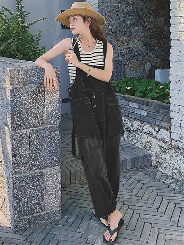 Big Pockets Spliced Ribbon Japan Style Streetwear Loose Overalls Strap Pants 2022 Summer Women Hip Hop Cargo Harem Trouser 6708