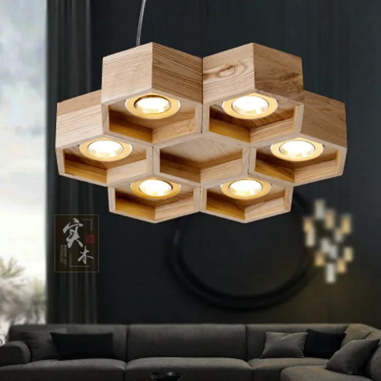 Wood Honeycomb LED Modern Pendant Lamp Indoor Dining Room Foyer Home Adornment Ceiling Light 110-240V Chandelier Lighting Lamps