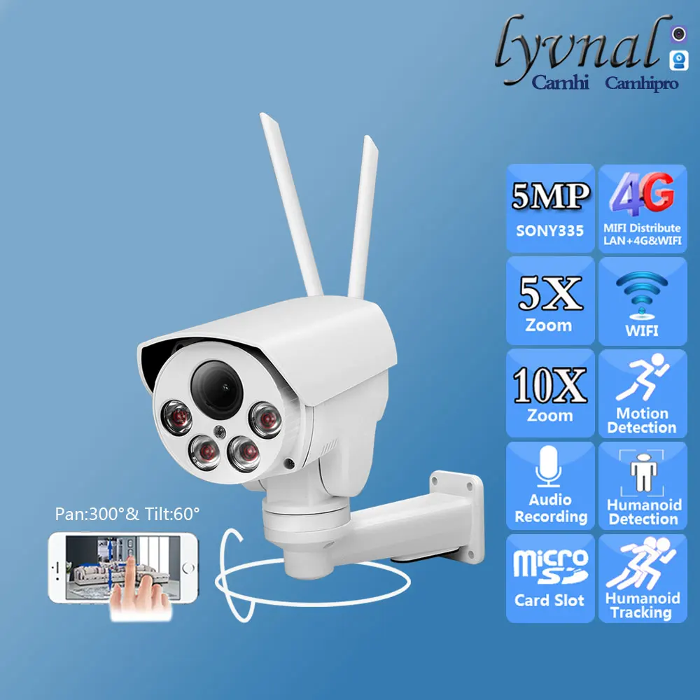 

SIM-карта 3G 4G Sonyimx335 HD 5MP Bullet Беспроводная IP-камера безопасности Wi-Fi PTZ Audio 5X 10X Автоматический зум Обнаружение человека ИК 50M