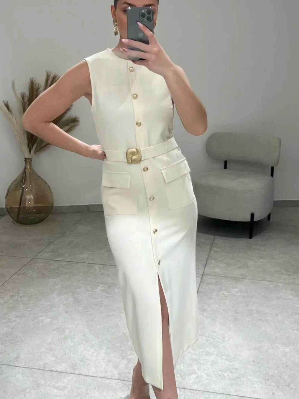 Women Fashion O-Collar Single Breasted Hem Slit Belt Decorate Midi Dress Female Chic Sleeveless Back Zipper Slim Dress