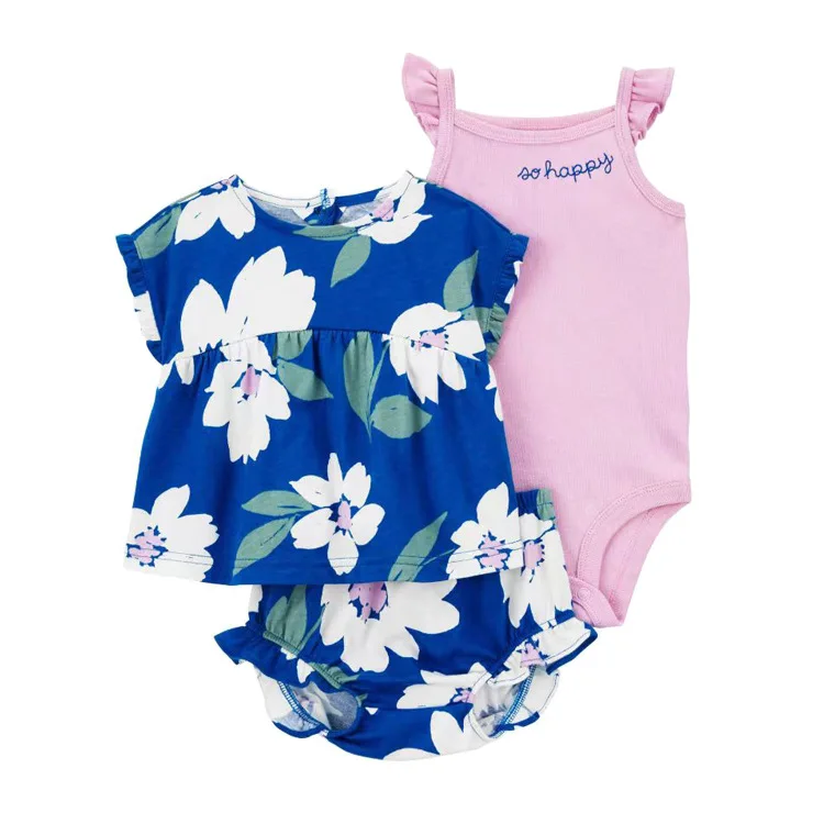 Summer Newborn Baby Girl Clothes Set Cartoon Short Sleeve Ruffle Romper Tops Flower Short Pants Tshirt 3Pcs Infant Outfits 6-24M