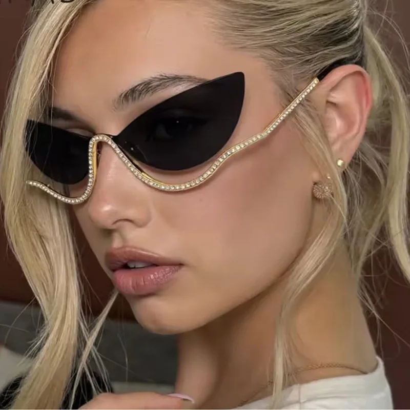 Frameless Cat-Eye Sunglasses with Diamonds for Women, Trendy Street Style Fashion Anti-Uv Glasses