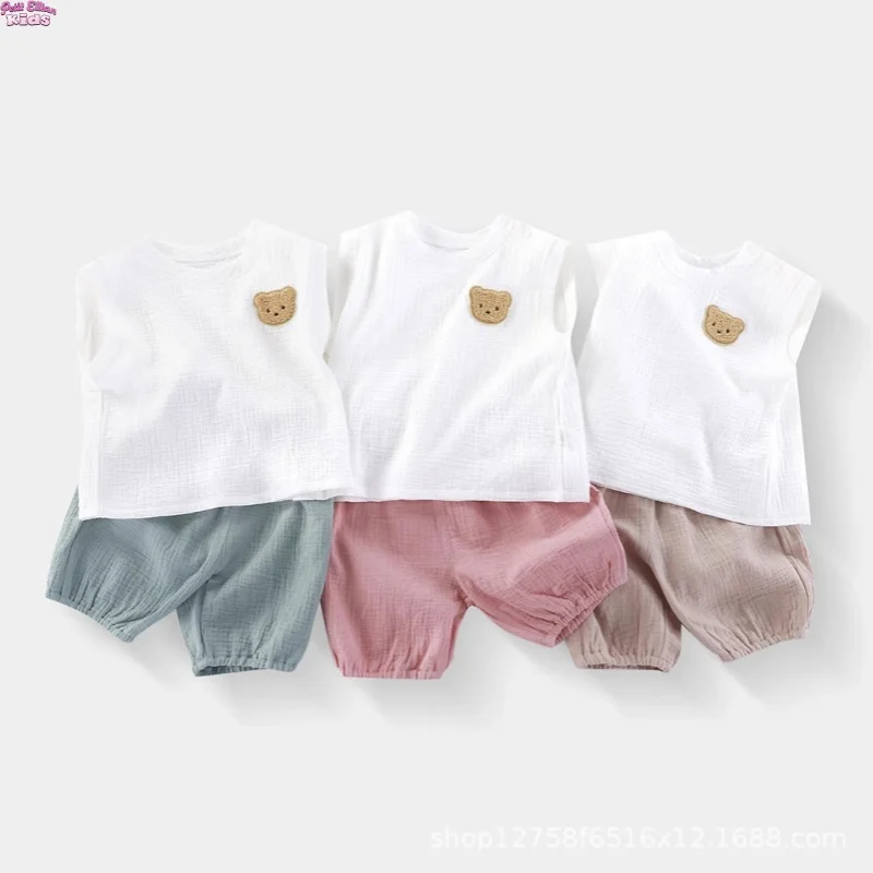 

Baby Boys Clothes Cotton Outfit Sets 1-5Y Kids Girl Outfits Bear Patch Sleeveless Top and Shorts Cute Casual Summer Suit Wear