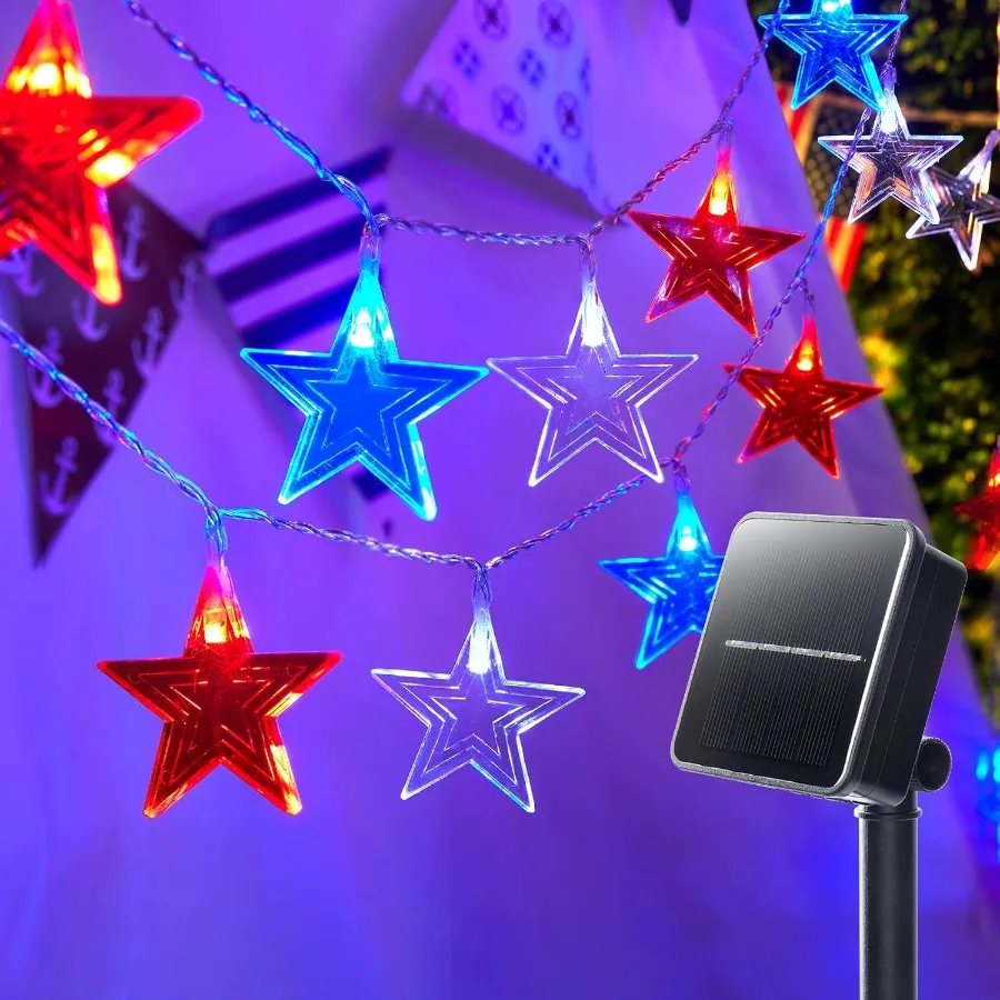 

Brightown Red White Blue Star String Lights Solar Powered - 25 ft 50 LED 4th of July Patriotic Star Fairy Lights with 8 Modes f