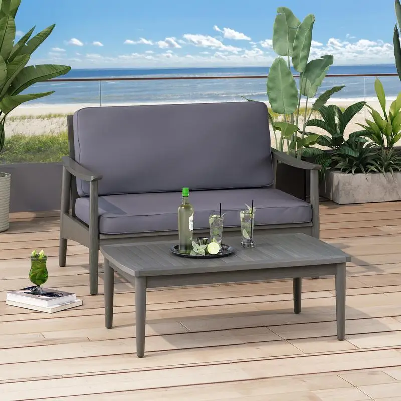 

Acacia Wood Patio Loveseat and Coffee Table Set with Cushions, Minimalist Outdoor Furniture for Garden, Backyard, Porch, and