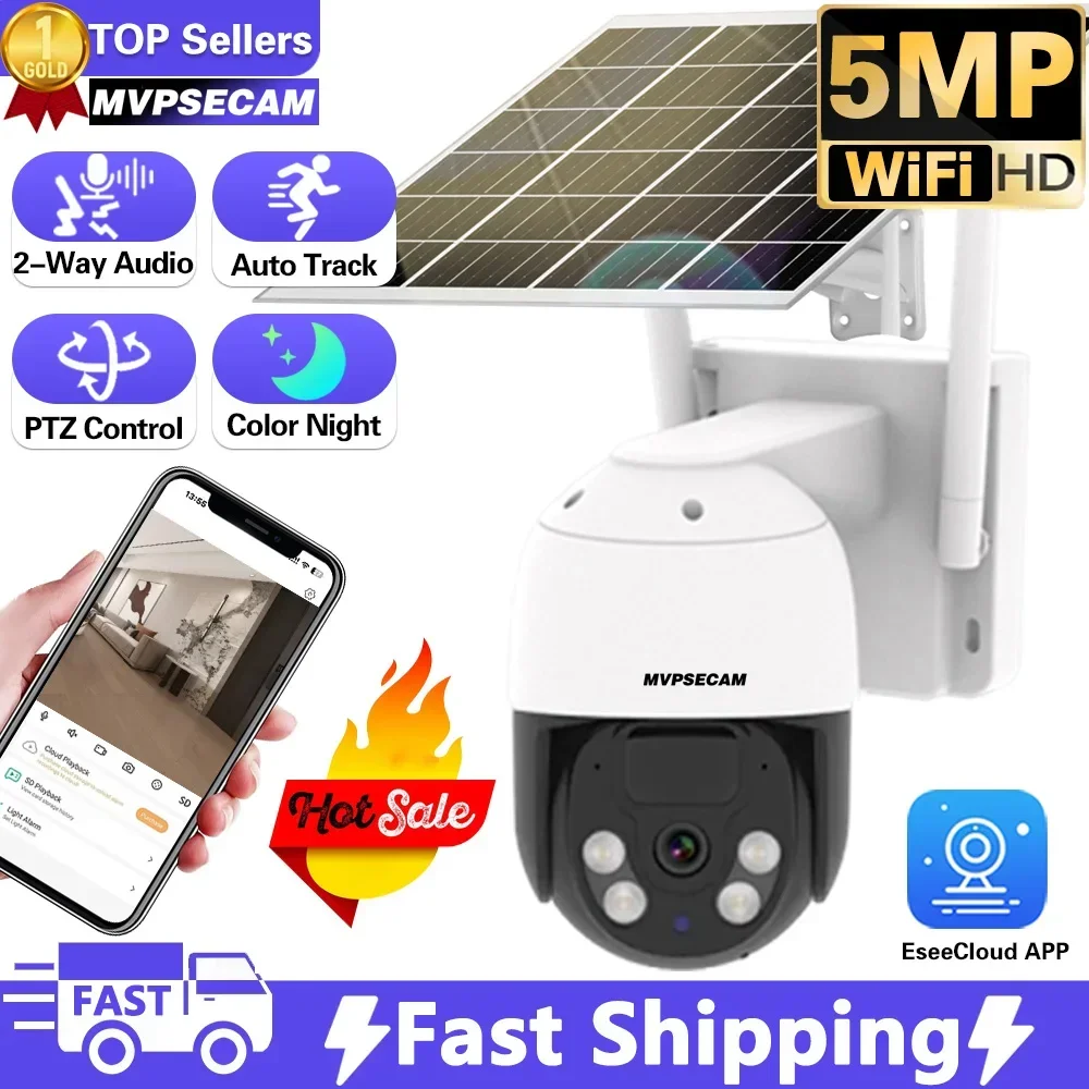 5MP WiFi Solar Camera PIR Human Detection PTZ IP Cam With 10400mAh Solar Panel Recharge Battery Video Surveillance 360° Camera