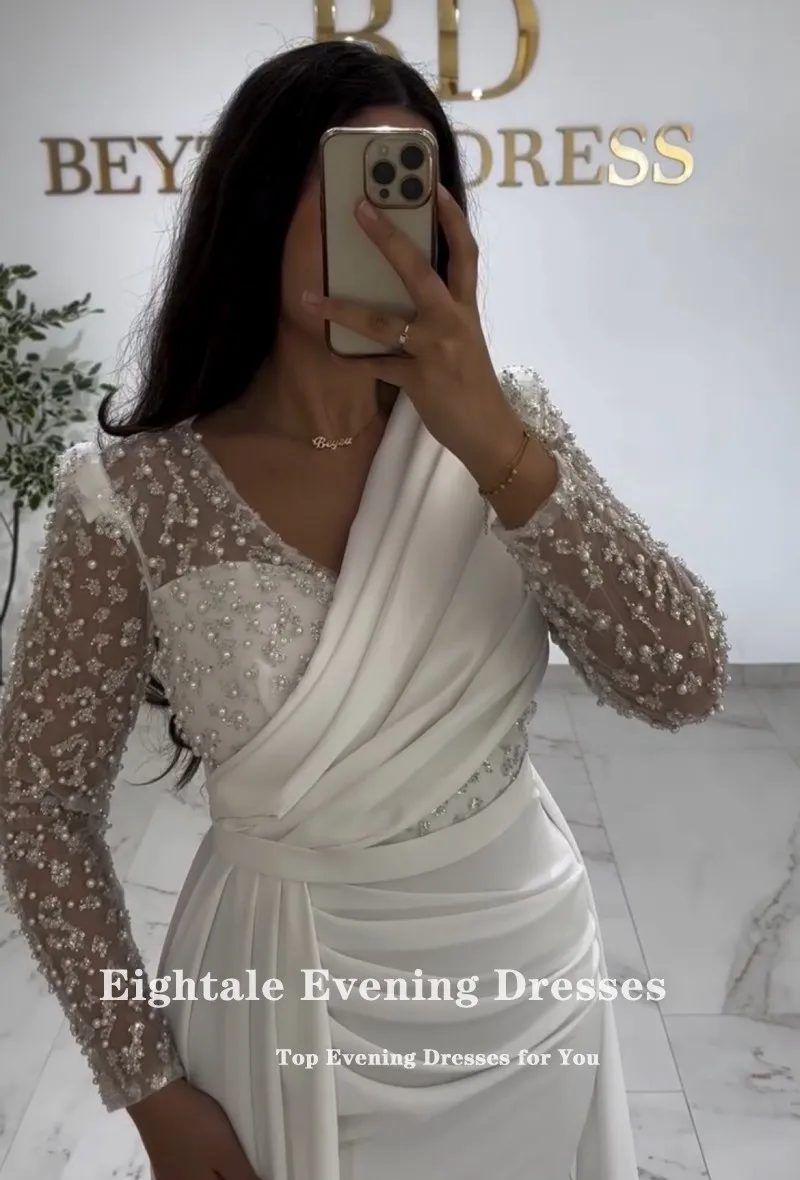 Eightale Abito da sera arabo con scollo a V maniche lunghe pieghe personalizzate Abito da cerimonia nuziale a sirena elastico Vestido De Noche