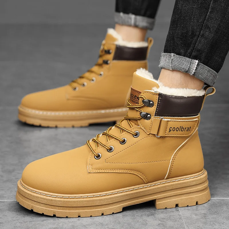 

Men's Snow Boots - Winter Warm Fleece-Lined Thickened Cotton Boots, Men's Casual Retro Mid-Top Workwear Ankle Boots
